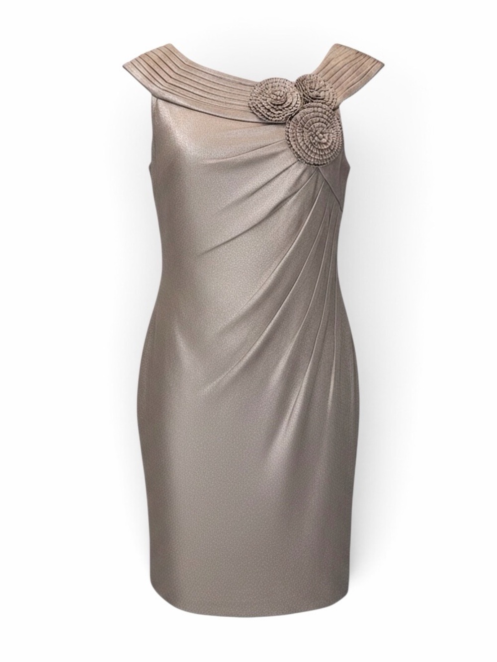 Adrianna Papell Size 10 Taupe Metallic Rosette Off Shoulder Cocktail Dress